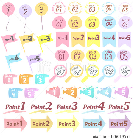 水彩タッチ　エモい配色　手書きのポイントと番号のアイコンセット　ゆるかわ　かわいい　おしゃれ 126019552
