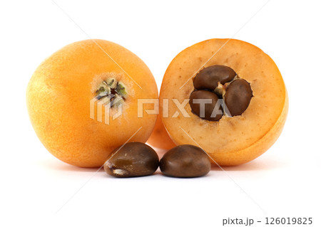 Fresh loquat fruit cut in half showing seeds with whole fruit alongside isolated on white 126019825