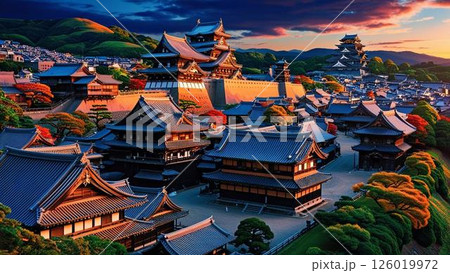 江戸時代の城下町の町中の風景 126019972