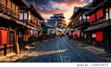 江戸時代の城下町の町中の風景 126019973