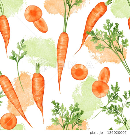Seamless pattern with hand-painted vibrant carrots. Ideal for fabric prints, kitchenware and packaging. 126020005