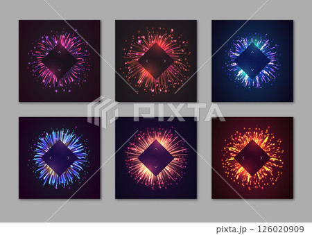 Festive commercial promo templates with copyspace. Realistic dazzling display of fireworks on dark background vector illustration. Holiday advertising campaign in distribution network with fireworks 126020909