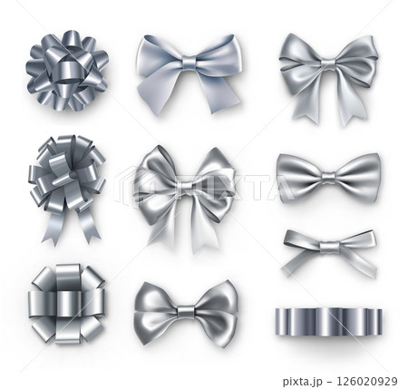 Luxury silver gift bows with ribbons. Wedding and anniversary decor isolated on white background. Realistic decoration for holidays presents and cards. Elegant object from silk vector illustration 126020929
