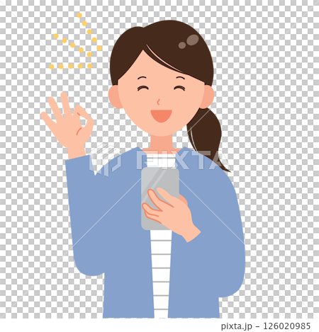 Illustration of a smiling woman holding a smartphone and making an OK sign 126020985