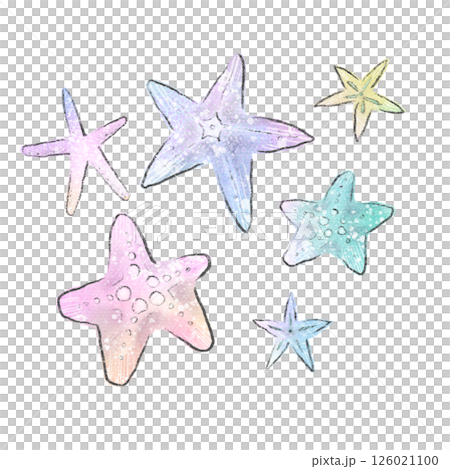 A set of colorful and fantastic watercolor illustrations of starfish and seashells 126021100