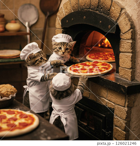ピザ窯で焼く子猫たちの厨房風景 ピザ窯で焼く子猫たちの厨房風景 126021246