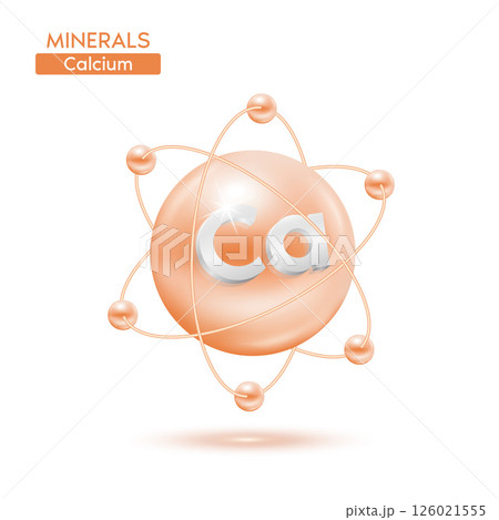Minerals calcium atom surrounded by electrons cream. Icon 3D isolated on a white background. Medical scientific concepts. 3D Vector EPS10 illustration. 126021555