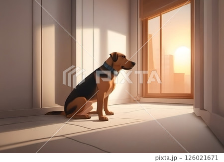 夕暮れを見つめる孤独な犬の静かな時間 126021671