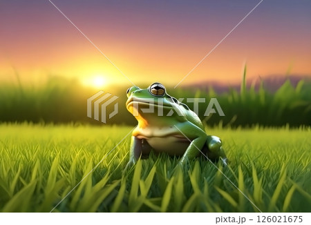 朝日の中、草の上でひと休みする疲れたカエル 朝日の中、草の上でひと休みする疲れたカエル 126021675