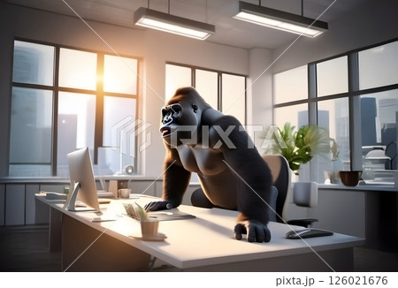 オフィスで堂々と佇む自信満々のゴリラ オフィスで堂々と佇む自信満々のゴリラ 126021676