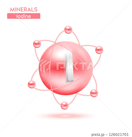 Minerals iodine atom surrounded by electrons pink. Icon 3D isolated on a white background. Medical scientific concepts. 3D Vector EPS10 illustration. Minerals iodine atom surrounded by electrons pink. Icon 3D isolated on a white background. Medical scientific concepts. 3D Vector EPS10 illustration. 126021701