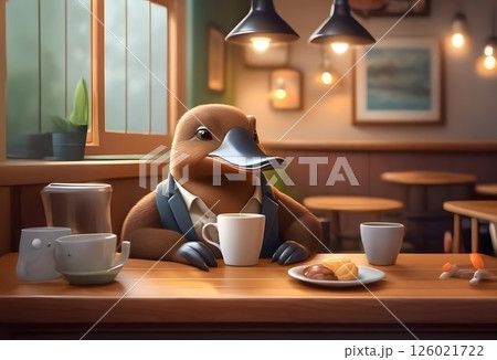 カフェの朝に戸惑うカモノハシの一瞬 126021722