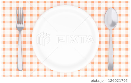 3Dイラスト_皿とカトラリー_ランチョンマット_オレンジ 126021795