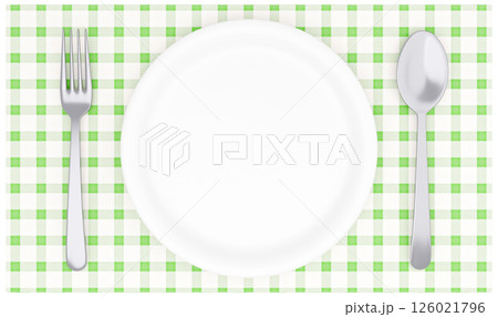 3Dイラスト_皿とカトラリー_ランチョンマット_緑 126021796