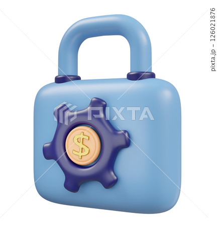 3d cartoon padlock icon with gear dollars coins isolated. Internet security, privacy protection, ransomware protect, security business banking, saving money concept, 3d render 126021876
