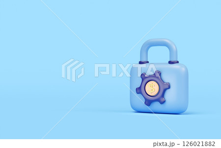 3d cartoon padlock icon with gear, dollars coins isolated on blue background. Internet security, privacy protection, ransomware protect, security business banking, saving money concept, 3d render 3d cartoon padlock icon with gear, dollars coins isolated on blue background. Internet security, privacy protection, ransomware protect, security business banking, saving money concept, 3d render 126021882