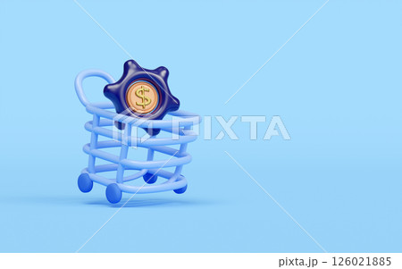 3d cartoon shopping cart icon with gear, dollars coins isolated on blue background. online stores, marketing concept, 3d render illustration 126021885