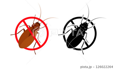 Cockroach crossing red forbidden sign, stop sign, black and white 126022264