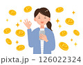 スマホでポイ活をする笑顔の女性イラスト 126022324