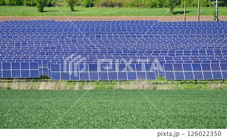 Technology solar cell. Solar panels on the sky background. Power plant. Alternative source of electricity. Solar farm. 126022350