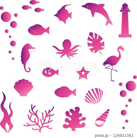 アイコン　夏　海　魚　貝　動物　あしらい　飾り　シルエット　おしゃれ　かわいい　イラスト素材セット 126022361