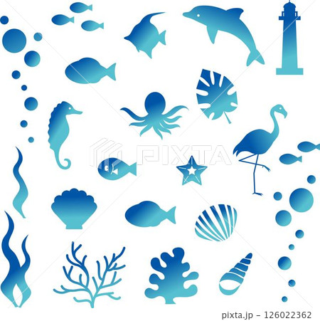 アイコン　夏　海　魚　貝　動物　あしらい　飾り　シルエット　おしゃれ　かわいい　イラスト素材セット 126022362