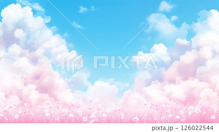 青空とピンクの雲に包まれた春の花畑の幻想風景 126022544