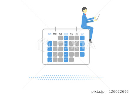 週休三日制が反映されたカレンダーに座って働くビジネスマンのイラスト 126022693