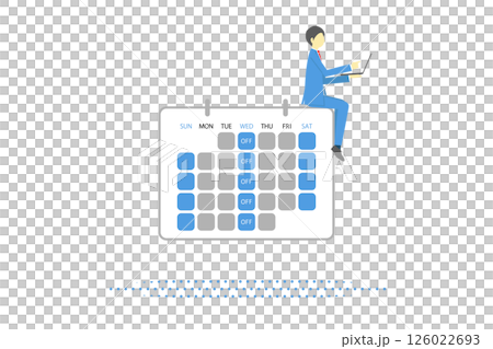 週休三日制が反映されたカレンダーに座って働くビジネスマンのイラスト 126022693