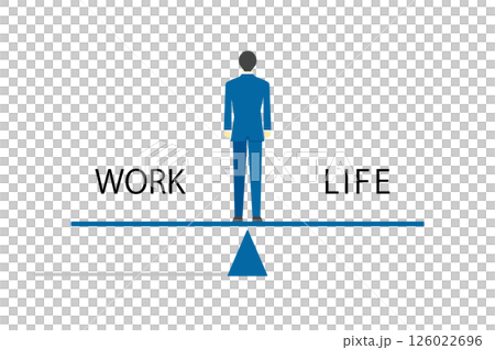 ワークライフバランスをイメージしたシーソーに立つ後ろ姿のビジネスマンのイラスト ワークライフバランスをイメージしたシーソーに立つ後ろ姿のビジネスマンのイラスト 126022696