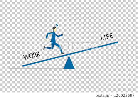 Illustration of a businessman running on a seesaw to achieve work-life balance 126022697
