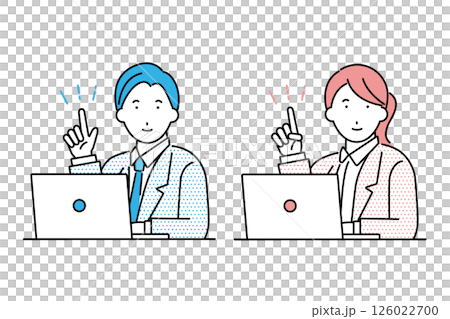 Illustration of a businessman and a businesswoman pointing at each other while using a laptop 126022700