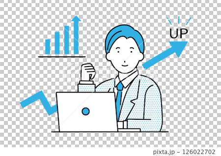 Illustration of a businessman using a computer making a fist pump after his grades and business performance improve 126022702