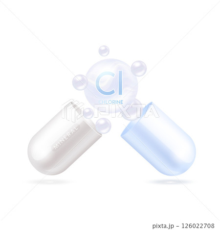 Chlorine mineral in capsule 3d isolated on white background. Vector EPS10 illustration. Vitamins minerals complex for product design. Medical scientific concepts. Chlorine mineral in capsule 3d isolated on white background. Vector EPS10 illustration. Vitamins minerals complex for product design. Medical scientific concepts. 126022708