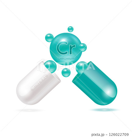 Chromium mineral in capsule green 3d isolated on white background. Vector EPS10 illustration. Vitamins minerals complex for product design. Medical scientific concepts. 126022709