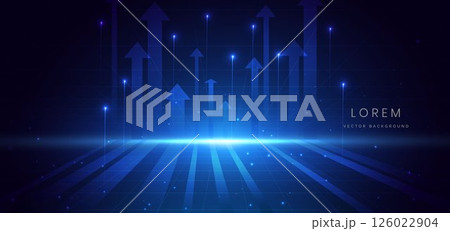 Arrow up glowing blue with lighting effect on dark blue background. Business investment graph down, financial data, futuristic technology. 126022904