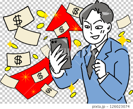 在向量圖上，一位辦公室職員很高興能在智慧型手機上做一份副業，並賺很多錢 126023074