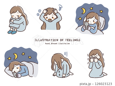 手描きのストレス・不安・不眠を感じる女性のイラストセット 126023123
