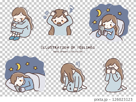 手描きのストレス・不安・不眠を感じる女性のイラストセット 126023123