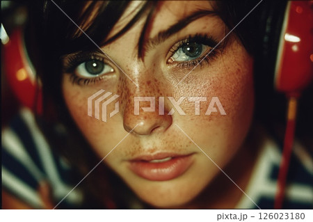 Beautiful young girl with freckles with big red headphones listening to music Beautiful young girl with freckles with big red headphones listening to music 126023180