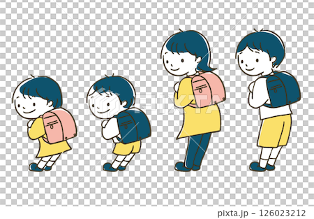ランドセルを背負った低学年と高学年の男の子・女の子-ナチュラルポップカラー- 126023212