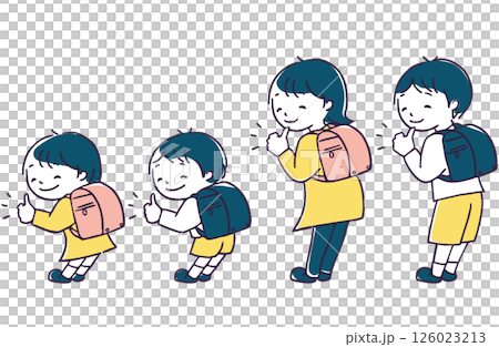 ランドセルを背負いgoodポーズしている低学年と高学年の男の子・女の子-ナチュラルポップカラー- 126023213