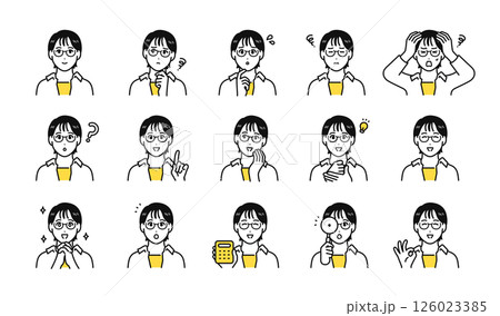 眼鏡をかけた若い女性の表情アイコンセット 126023385