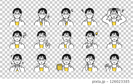 眼鏡をかけた若い女性の表情アイコンセット 126023385