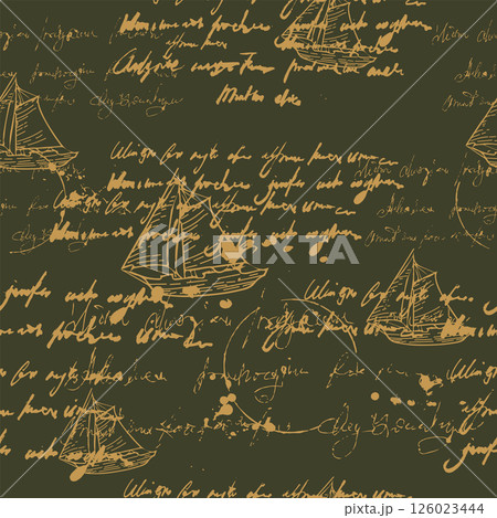 Seamless pattern handwritten illegible text ink, splatter, sailboat, travel, vintage Seamless pattern handwritten illegible text ink, splatter, sailboat, travel, vintage 126023444