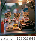 グリルでハンバーガーを焼く子猫店員たち 126023948