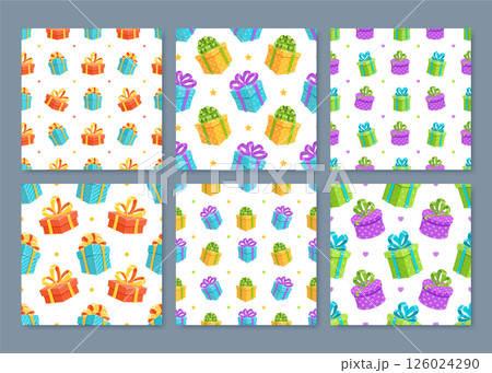 Cartoon gift box seamless pattern with colorful presents and ribbons. Includes festive bows for holiday and birthday celebration. Ideal for vibrant themed set. 126024290