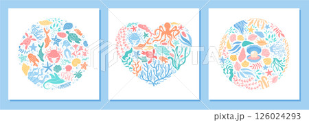 Underwater heart and circle doodle in cartoon graphic style. Vibrant ocean concept features marine life such as fish, coral, turtle, and starfish. Aquatic shapes create a seamless round pattern, 126024293