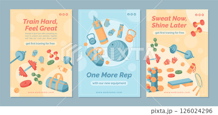 Flat fitness banner design with gym equipment set. Dumbbells, kettlebells, and accessories for exercise and training. Vibrant background set for sport workout promotion. 126024296