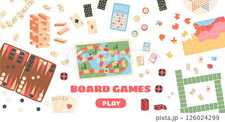 Flat boardgame banner with colorful pieces and dice. Puzzle tiles, cards, and bingo elements set for family table play. Isolated graphic for hobby, entertainment, party. Flat boardgame banner with colorful pieces and dice. Puzzle tiles, cards, and bingo elements set for family table play. Isolated graphic for hobby, entertainment, party. 126024299